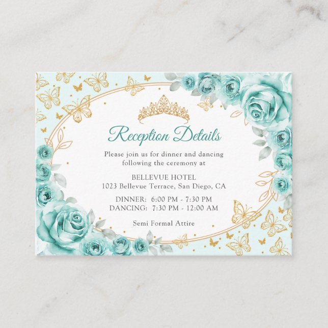 Turquoise Gold Quinceanera Reception Details Enclosure Card (Front)