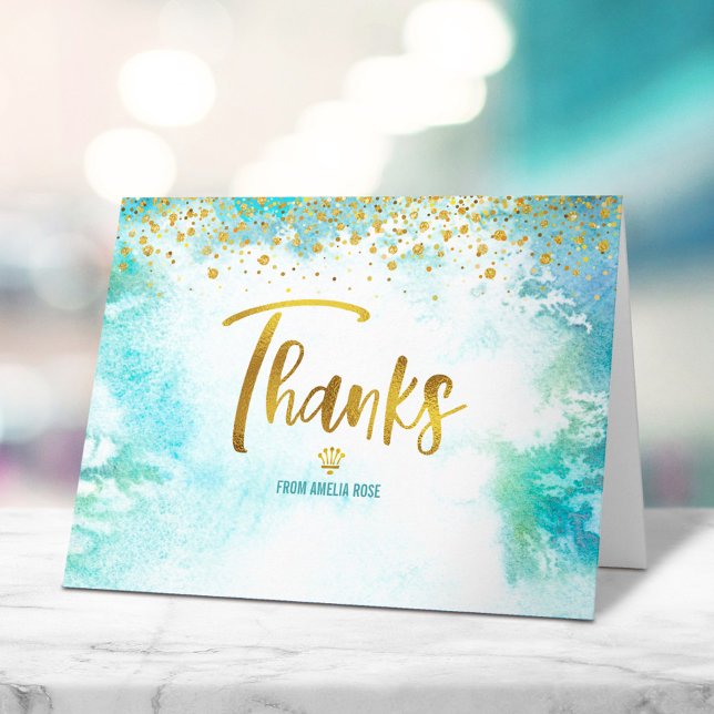 Turquoise Gold Quinceañera Watercolor Elegant Bold Thank You Card (Creator Uploaded)
