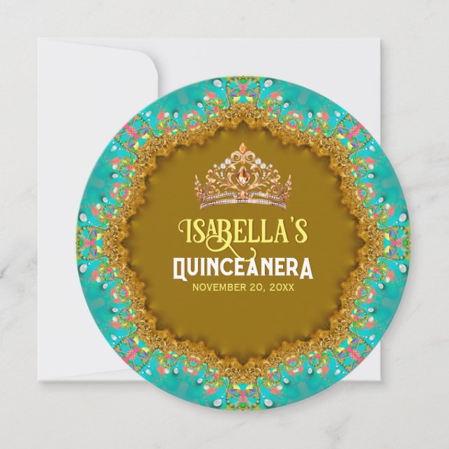 Turquoise Gold Satin Lace & Tiara Quinceañera Invitation (Front)