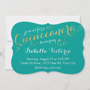 Turquoise & Gold Script Quinceanera Invitation