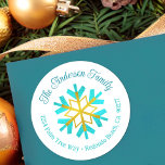 Turquoise Gold Snowflake Modern Simple Address Classic Round Sticker<br><div class="desc">A bold, simple, graphic visual of a faux turquoise and gold foil snowflake, teal blue calligraphy script, and playful, whimsical turquoise typography overlay a white background. Help usher in the Christmas, Hanukkah, and New Year holiday season whenever you use this stylish and modern custom return address label sticker. Personalise with...</div>