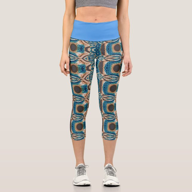 Turquoise Gold Sun Southwestern Art Capri Leggings (Front)