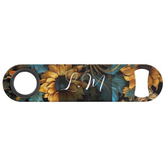 Turquoise, gold, sunflowers bottle opener (Front (Horizontal))