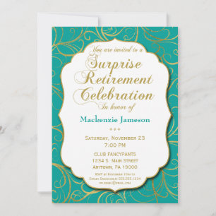Turquoise Gold Swirl Surprise Retirement Invite