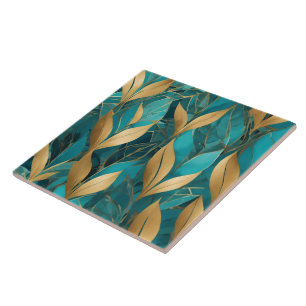 Turquoise Gold Trendy Boho Leaves Collection Ceramic Tile