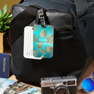 Turquoise Gold Tropical Leaves Luggage Tag