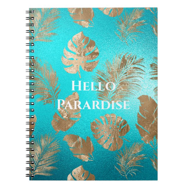 Turquoise Gold Tropical Leaves Notebook (Front)