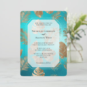 Turquoise Gold Tropical Leaves Wedding Invitation