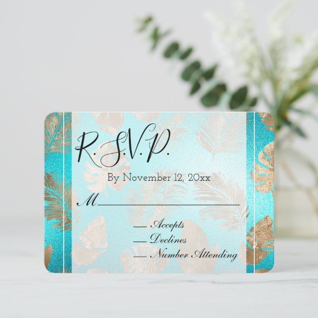 Turquoise Gold Tropical Leaves Wedding RSVP Enclosure Card (Standing Front)