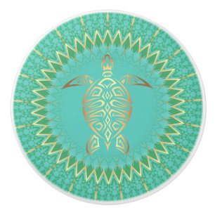 Turquoise Gold Turtle Animal Mandala Nautical Ceramic Knob