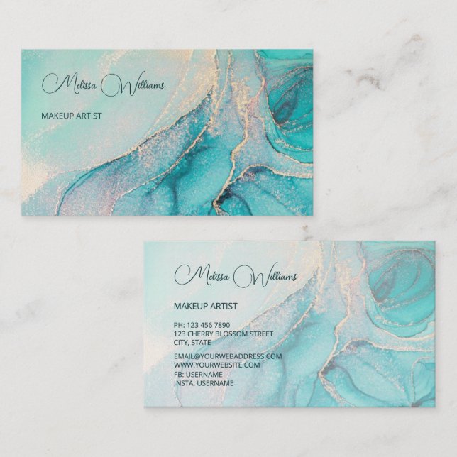 Turquoise Gold Watercolor Business Card (Front/Back)