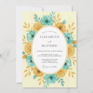 Turquoise Gold Watercolor Floral Wedding Invitation