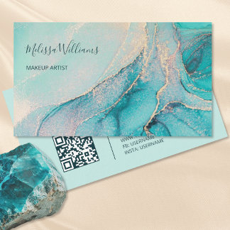 Turquoise Gold Watercolor | QR Code Business Card