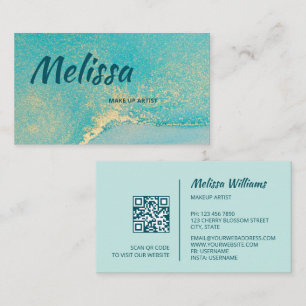 Turquoise Gold Watercolor   QR Code Business Card