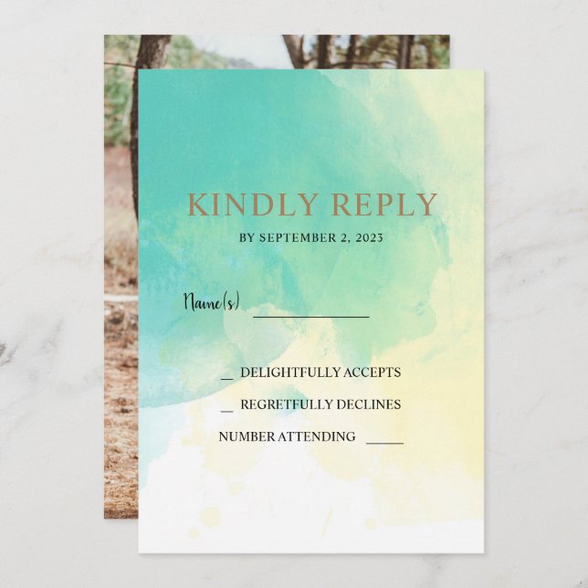 Turquoise gold watercolor RSVP photo wedding card (Front/Back)