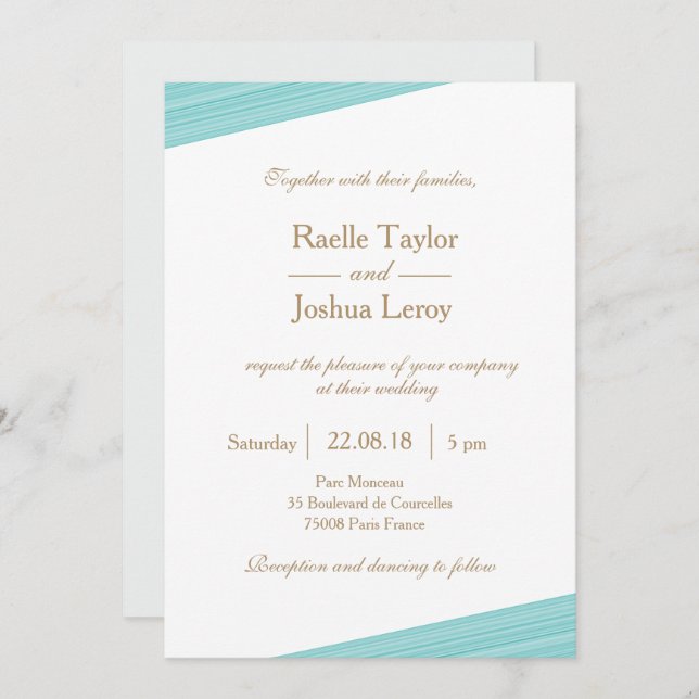 Turquoise gold white grey subtle stripes wedding invitation (Front/Back)