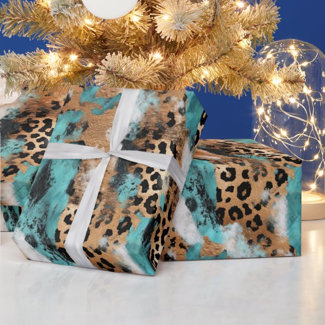 Turquoise Gold White Leopard Wrapping Paper (Holidays)