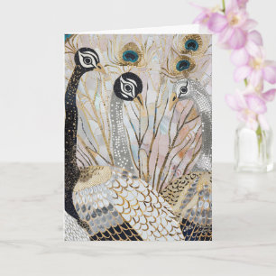 Turquoise Gold White Peacocks Birthday Card