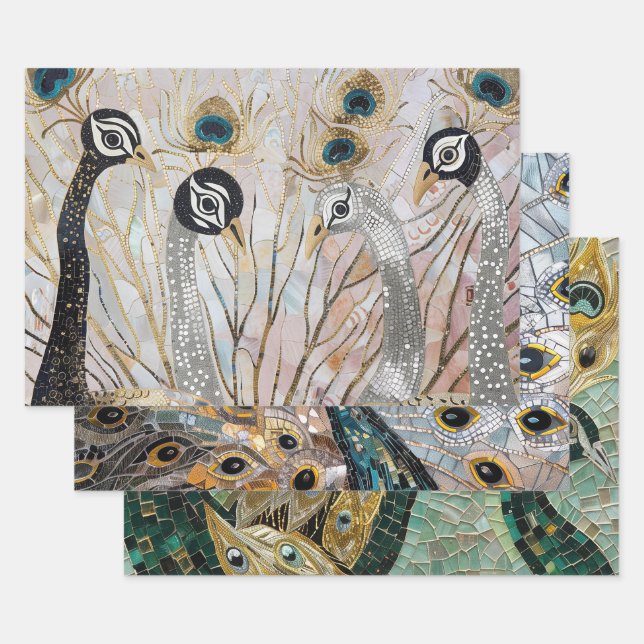 Turquoise Gold White Peacocks Wrapping Paper Sheet (Set)