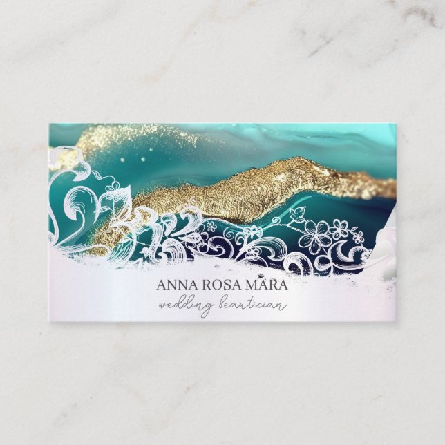 *~* Turquoise Gold White QR Agate AP66 Glam Luxe  Business Card (Front)