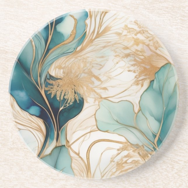 Turquoise Golden Alcohol Ink Abstract Coaster (Front)