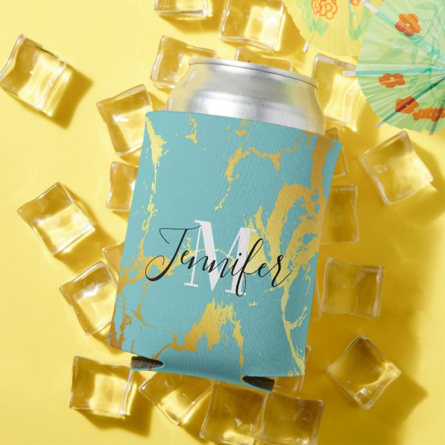 Turquoise Golden Foil Can Cooler (In Situ Summer)