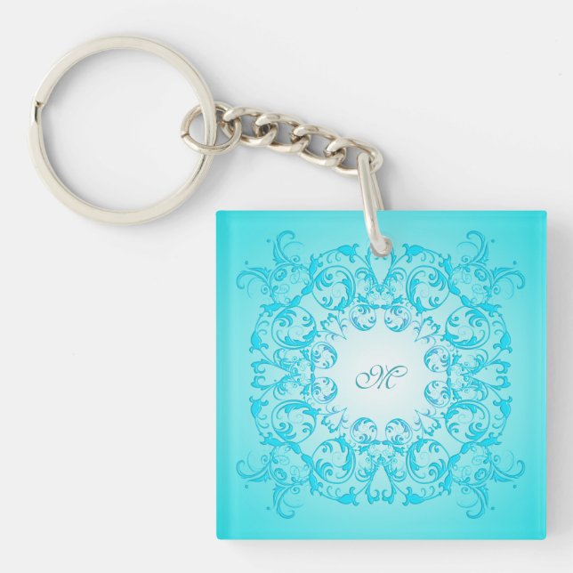 Turquoise gradient baroque texture. monogram key ring (Front)