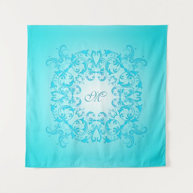 Turquoise gradient baroque texture. monogram tapestry (Front)