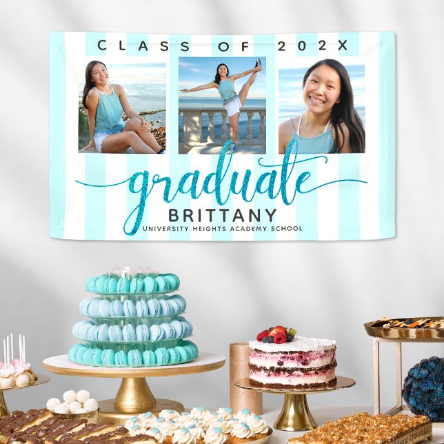Turquoise graduation 3 photo modern glitter script banner (Creator Uploaded)
