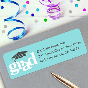 Turquoise Graduation Bold Type Grey Cap Address Return Address Label