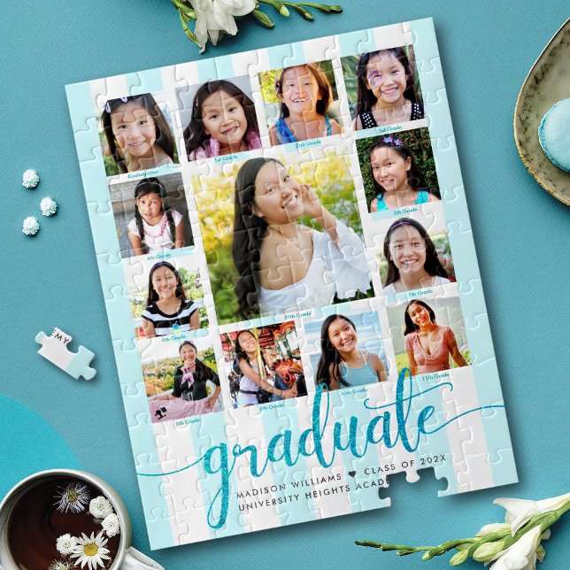 Turquoise Graduation K–12 Photo Collage Script Jigsaw Puzzle (Creator Uploaded)
