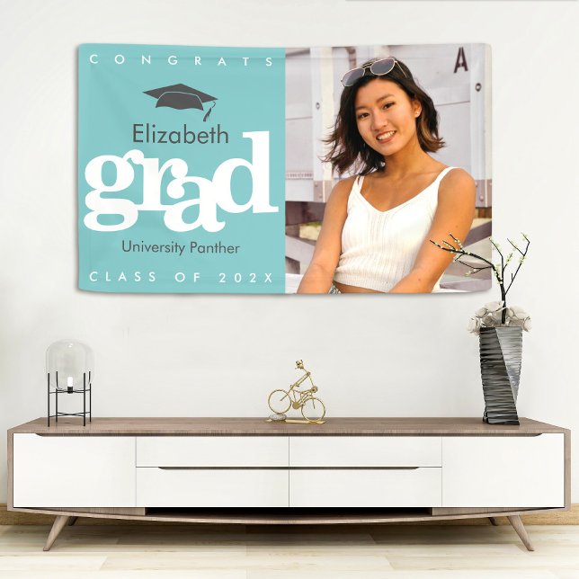 Turquoise graduation photo grey cap bold modern banner (Creator Uploaded)