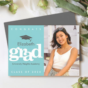 Turquoise graduation photo grey cap modern bold announcement
