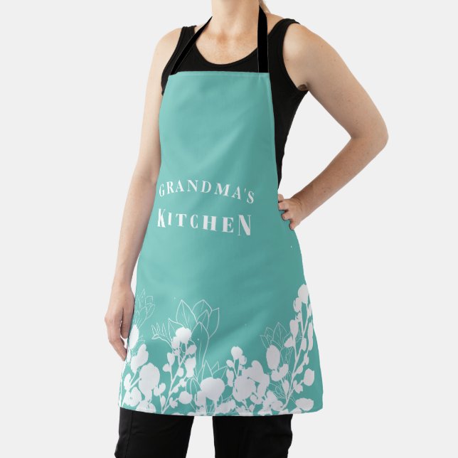Turquoise Grandma's Kitchen White Floral Apron (Insitu)