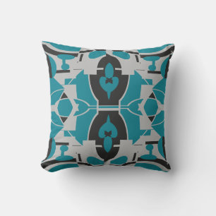 Turquoise Gray Black Mediterranean Mosaic Motif Cushion
