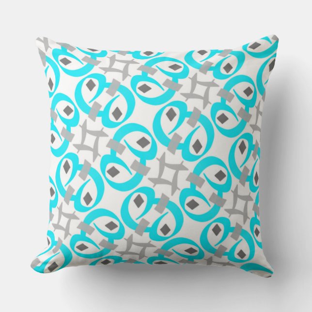 Turquoise Gray White Square Jimette Design Pillow (Front)
