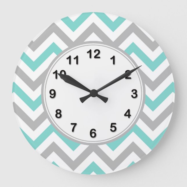 Turquoise, Gray, Wht Large Chevron ZigZag Pattern Large Clock (Front)