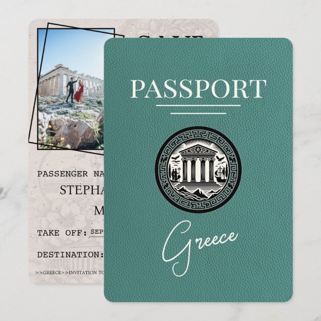 Turquoise Greece Passport Save the Date Card (Front/Back)