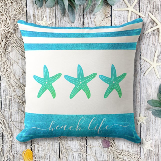 Turquoise green 3 starfish beach life script bold cushion (Creator Uploaded)