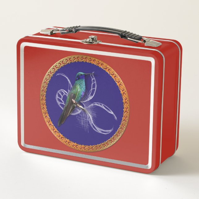 Turquoise green and blue with purple hummingbird metal lunch box (Front)