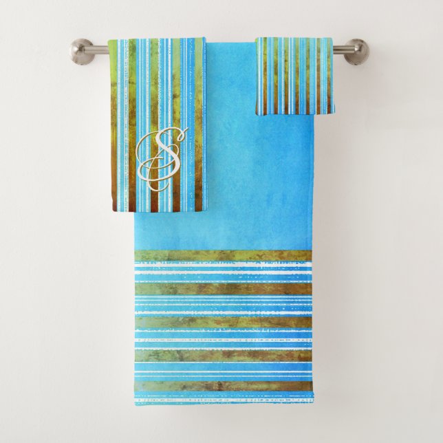 Turquoise, Green, and White Stripes Bath Towel Set (Insitu)