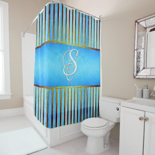 Turquoise, Green, and White Stripes Shower Curtain (In Situ)