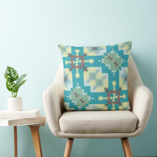 Turquoise, green and yellow abstract pattern cushion
