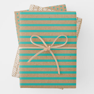 Turquoise Green Blue Lines Faux Rustic Brown Kraft Wrapping Paper Sheet