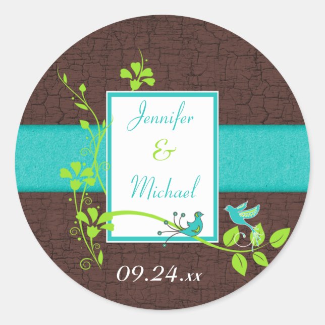 Turquoise Green Brown Floral Birds Wedding Favour Classic Round Sticker (Front)