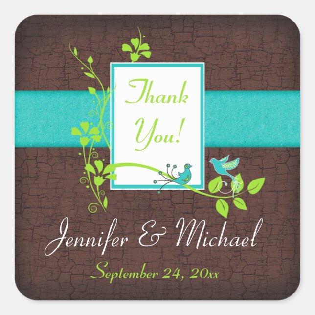 Turquoise Green Brown Floral Birds Wedding Favour Square Sticker (Front)