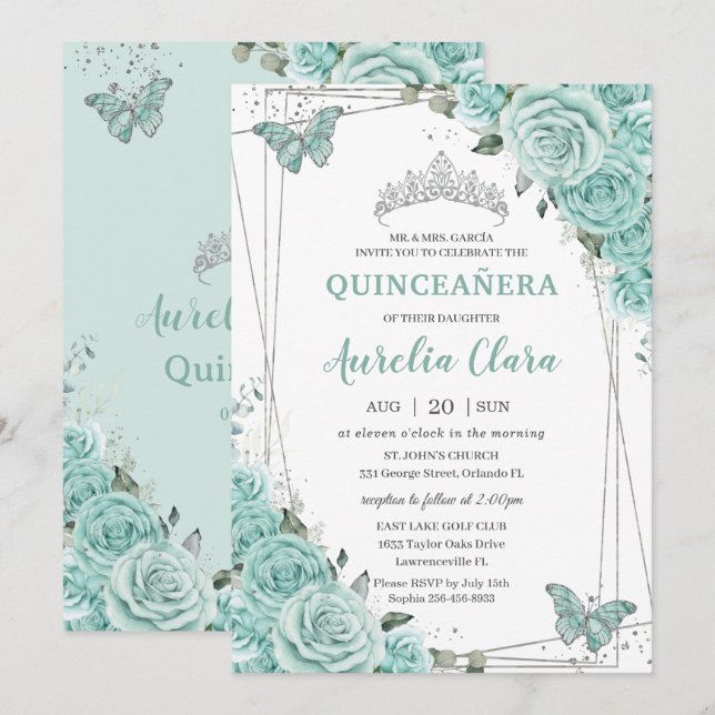 Turquoise Green Floral Butterflies Quinceanera 15  Invitation (Front/Back)