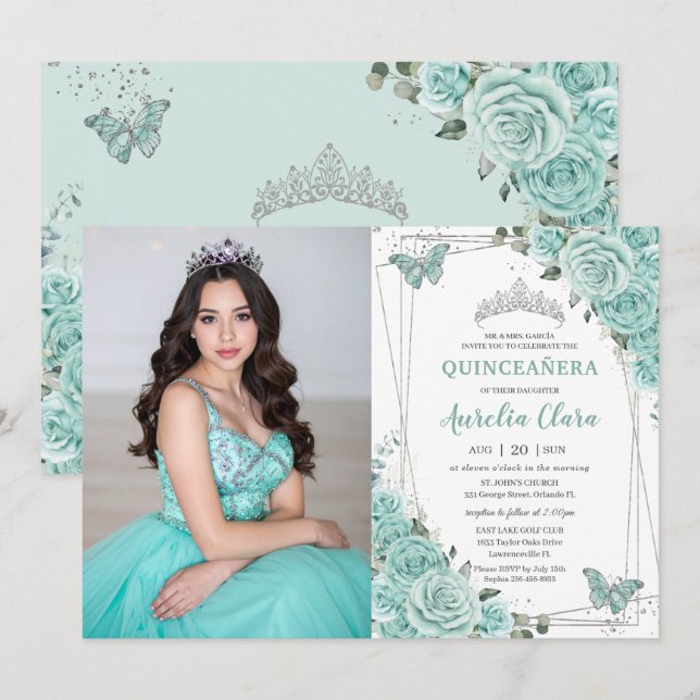 Turquoise Green Floral Butterflies Quinceanera 15  Invitation (Front/Back)
