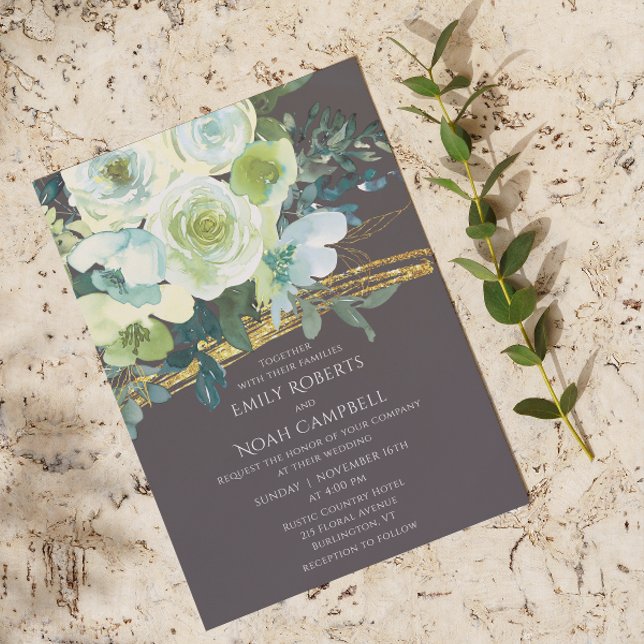 Turquoise Green Floral Gold Glitter Wedding Invitation (Creator Uploaded)