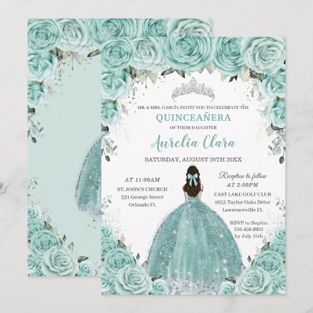Turquoise Green Floral Princess Silver Quinceañera Invitation (Front/Back)